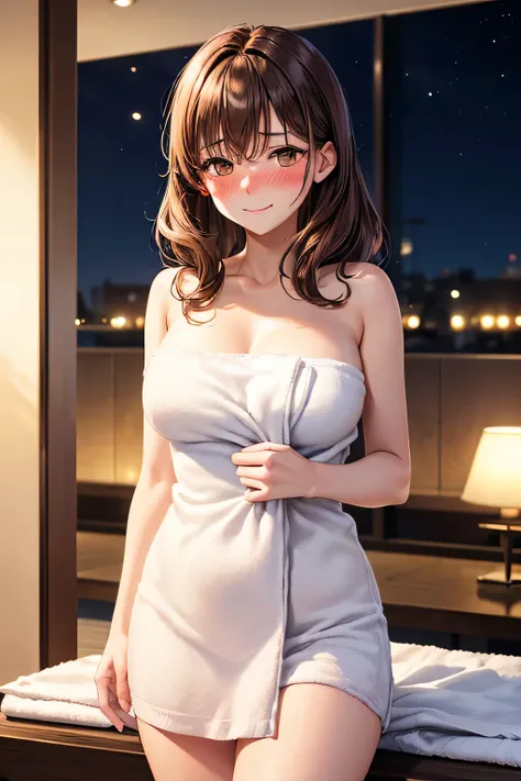 A sophisticated and intelligent young lady with sleek,wavy chestnut-colour hair and sharp and a calm, traditional aura,gently swaying in the evening breeze.((1 bath towel)),(brown eyes),(tits),(SMILE),(((blush))),(((NIGHT))),(disappointed expression),(((bl...