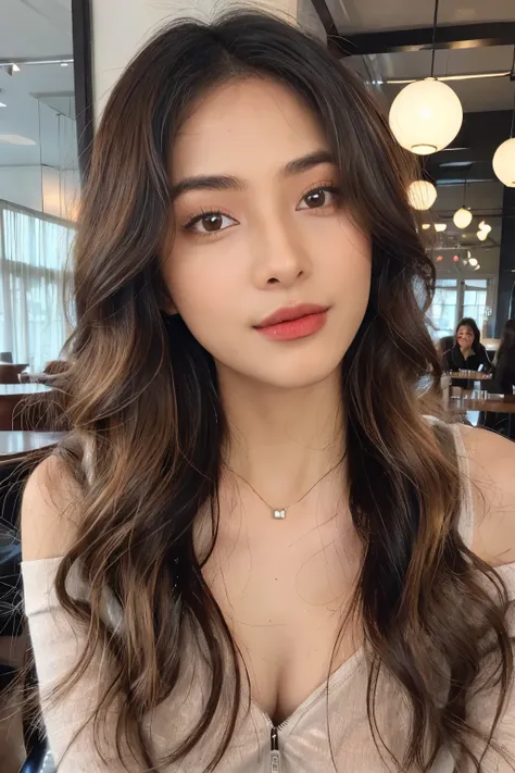 ((Masterpiece, high quality, super detailed, 4k, RAW Photo)), 1 girl, long wavy hair, ((brown ombre hair)), Perfect face, thin face ((lying silkworm eyes)), shinny skin, long sleeve t-shirt, off shoulder, in modern cafe, look at the camera, slim body, perf...