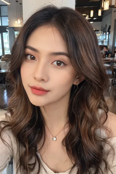((Masterpiece, high quality, super detailed, 4k, RAW Photo)), 1 girl, long wavy hair, ((brown ombre hair)), Perfect face, thin face ((lying silkworm eyes)), shinny skin, long sleeve t-shirt, off shoulder, in modern cafe, look at the camera, slim body, perf...