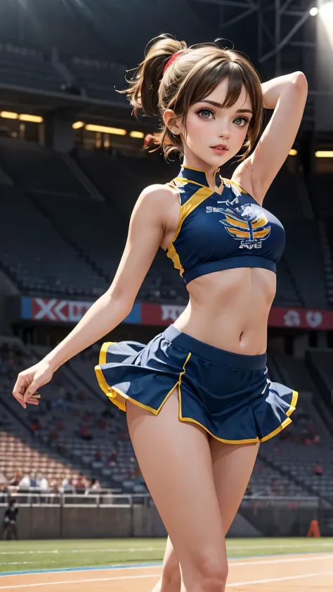 「gives an overall delicate and beautiful impression。She stands in a stadium with audience seats in the background、In the sunshine、and her arms are extended upwards、 legs spread out。Body is 1.It floats 0m above、Open your palms、Ta。and her face is very detail...