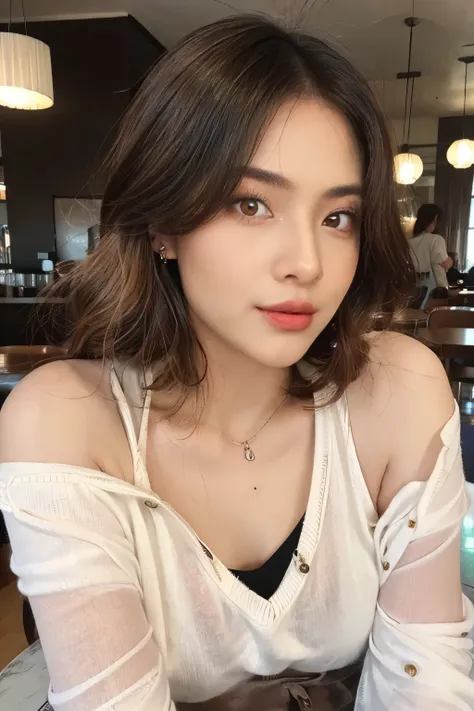 ((Masterpiece, high quality, super detailed, 4k, RAW Photo)), 1 girl, short hair, ((brown ombre hair)), Perfect face, thin face ((lying silkworm eyes)), shinny skin, long sleeve t-shirt, off shoulder, in modern cafe, look at the camera, slim body, perfect ...