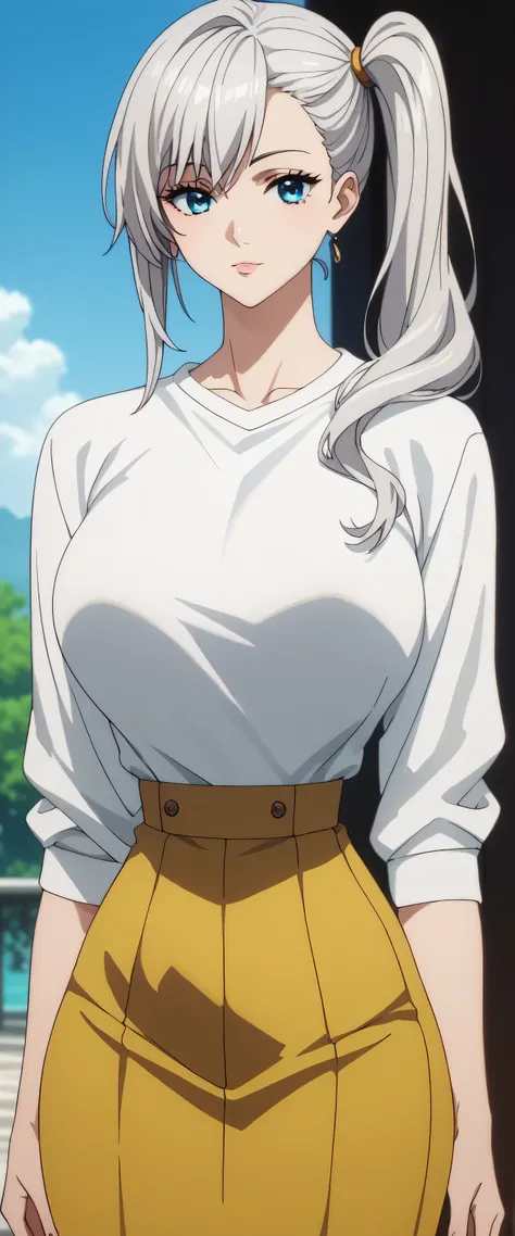 A sexy beautiful big breasted woman, attractive silver hair, long upper back, is usually tied in a side ponytail over her shoulder, her blue eyes, her curvy body wears a white shirt, a long sweatshirt and a firm long dark yellow skirt. 