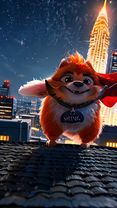 A heroic fluffy dog with a red cape, mid-air jump from a rooftop, motion blur, dynamic pose, dramatic lighting, city skyline at night, Pixar-style.