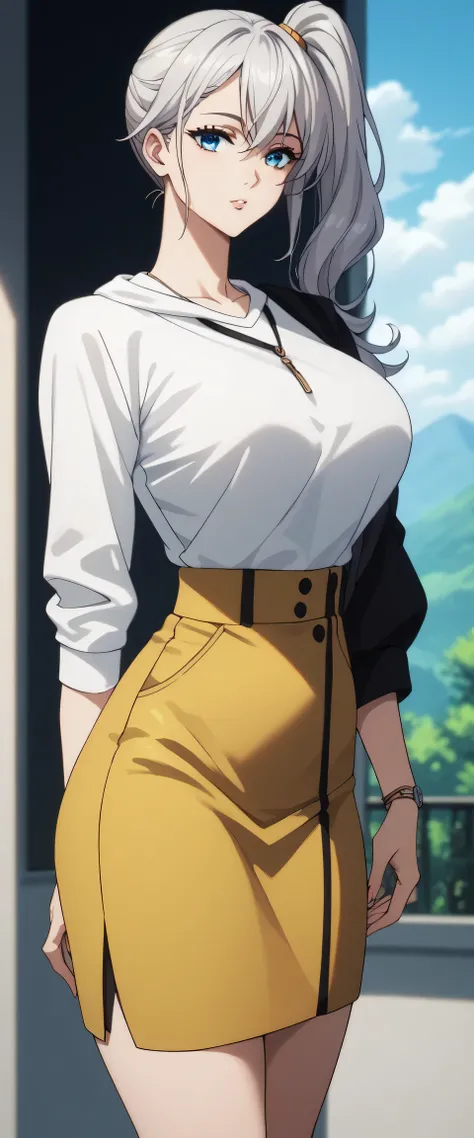 A sexy beautiful big breasted woman, attractive silver hair, long upper back, is usually tied in a side ponytail over her shoulder, her blue eyes, her curvy body wears a white shirt, a long sweatshirt and a firm long dark yellow skirt. 