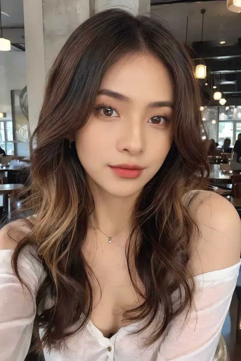 ((Masterpiece, high quality, super detailed, 4k, RAW Photo)), 1 girl, short hair, ((brown ombre hair)), Perfect face, thin face, ((lying silkworm eyes)), shinny skin, long sleeve t-shirt, off shoulder, in modern cafe, look at the camera, slim body, perfect...