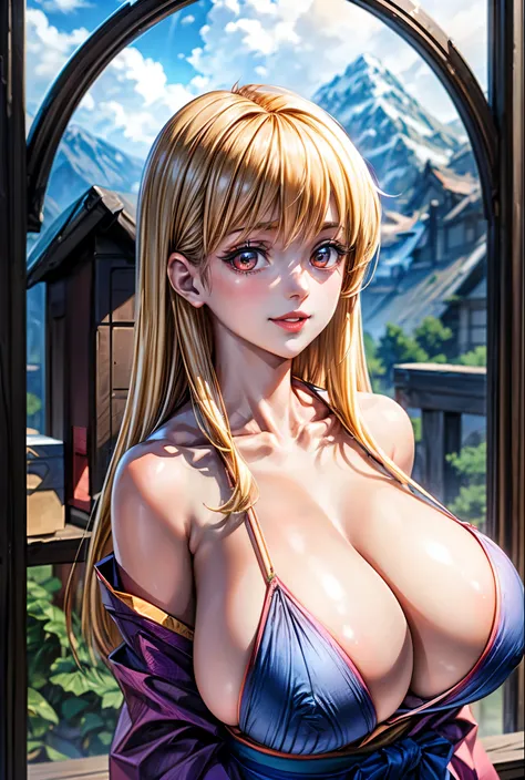 (huge boobs), Chest,  good anatomy ,  masterpiece, TOP QUALITY, 4K, 8k, Professional photography, Soft light, sharp concentration, 1 girl,  blonde hair,  kimono, (Mountain), cloud, blonde hair, Separate banks, detailed faces+brown eyes, smile, Closed lips,...