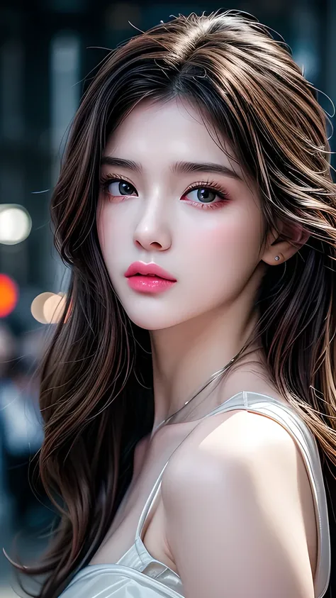 A photo of a 25 year old European girl posing, born,  beautiful woman, ( extra long wavy brown hair ), ((portrait)), ((Familiar Face:1.2)), ((familiar facial features)), (finely familiar skin),  White Skin, ( White Skirt ), Cyberpunk urban environment , ( ...