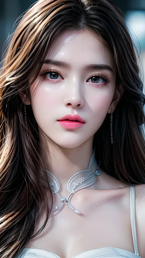 A photo of a 25 year old European girl posing, born,  beautiful woman, ( extra long wavy brown hair ), ((portrait)), ((Familiar Face:1.2)), ((familiar facial features)), (finely familiar skin),  White Skin, ( White Skirt ), Cyberpunk urban environment , ( ...