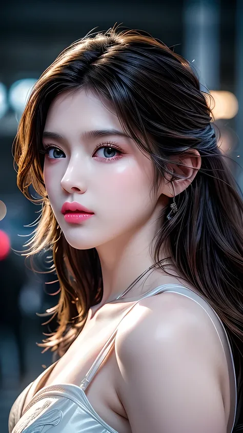 A photo of a 25 year old European girl posing, born,  beautiful woman, ( extra long wavy brown hair ), ((portrait)), ((Familiar Face:1.2)), ((familiar facial features)), (finely familiar skin),  White Skin, ( White Skirt ), Cyberpunk urban environment , ( ...