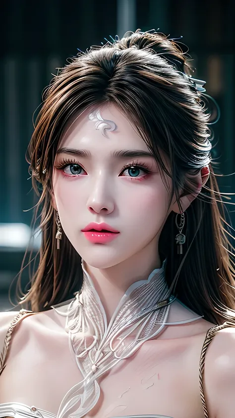 A photo of a 25 year old European girl posing, born,  beautiful woman, ( extra long wavy brown hair ), ((portrait)), ((Familiar Face:1.2)), ((familiar facial features)), (finely familiar skin),  White Skin, ( White Skirt ), Cyberpunk urban environment , ( ...