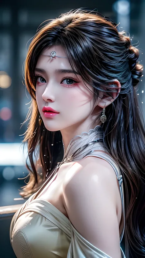 A photo of a 25 year old European girl posing, born,  beautiful woman, ( extra long wavy brown hair ), ((portrait)), ((Familiar Face:1.2)), ((familiar facial features)), (finely familiar skin),  White Skin, ( White Skirt ), Cyberpunk urban environment , ( ...