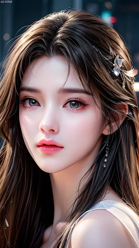 A photo of a 25 year old European girl posing, born, beautiful woman, ( extra long wavy brown hair ), ((portrait)), ((Familiar Face:1.2)), ((familiar facial features)), (finely familiar skin), White Skin, ( White Skirt ), Cyberpunk urban environment , ( ...