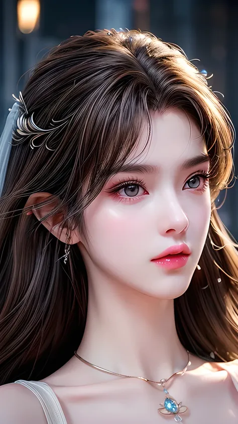 A photo of a 25 year old European girl posing, born, beautiful woman, ( extra long wavy brown hair ), ((portrait)), ((Familiar Face:1.2)), ((familiar facial features)), (finely familiar skin), White Skin, ( White Skirt ), Cyberpunk urban environment , ( ...