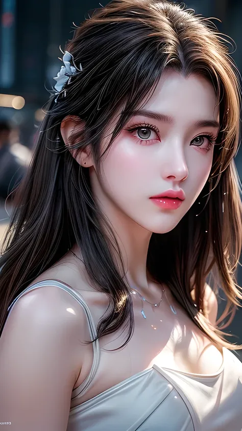 A photo of a 25 year old European girl posing, born, beautiful woman, ( extra long wavy brown hair ), ((portrait)), ((Familiar Face:1.2)), ((familiar facial features)), (finely familiar skin), White Skin, ( White Skirt ), Cyberpunk urban environment , ( ...