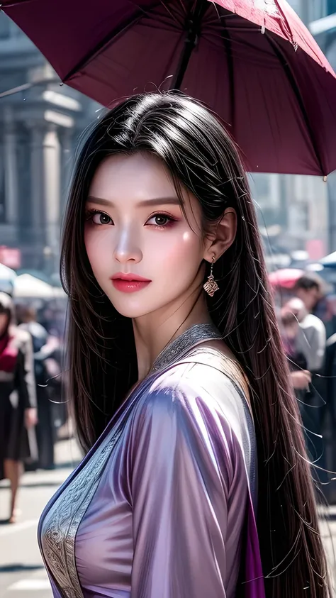 【The Pirate Empress】 1 woman with an umbrella,  eye for detail,  Beautiful Lips ,  long black hair ,  black eyes, Charming smile, Wearing purple clothing,  realistic and detailed clothing , Polite and elegant ,  standing in front of a bustling cityscape , ...