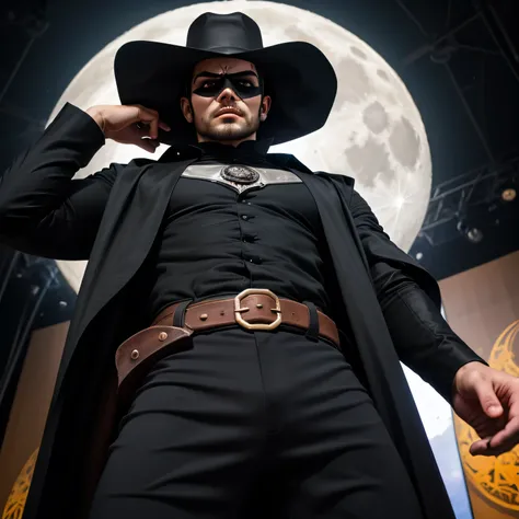 Age 30、handsome guy ,  1 Man,Zorro Outfit 、Arabian face  。 short hair short hair 、On stage、Moon Footage 、A manly provocation　  Black Western Hat　 black eyepatch 　 as seen from below。　 upper body up 　 Menacing look　　 black slim pants　 black cloaks