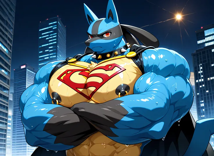 kemono, by null-ghost, by zixiong, solo, male, tail, Lucario, anthro, black nipples, big nipples, gold nipple rings, sweaty, handsome, broad shoulders, broad chest, huge muscular, posing, thick neck, thick arms, blue arms, pectorals crushing city, bedroom ...