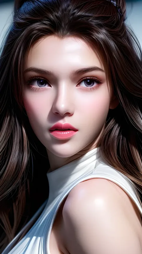 A photo of a 25 year old European girl posing, born, beautiful woman, ( extra long wavy brown hair ), ((portrait)), ((Familiar Face:1.2)), ((familiar facial features)), (finely familiar skin), White Skin, ( White Skirt ), Cyberpunk urban environment , (...