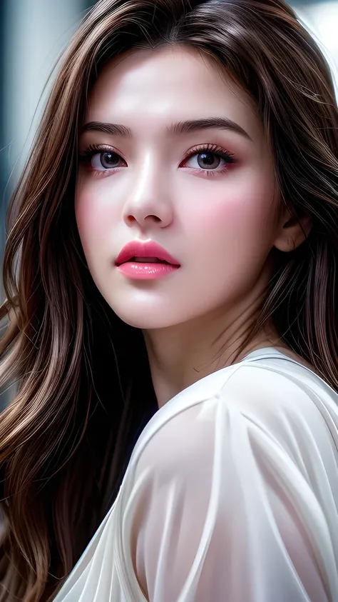 A photo of a 25 year old European girl posing, born, beautiful woman, ( extra long wavy brown hair ), ((portrait)), ((Familiar Face:1.2)), ((familiar facial features)), (finely familiar skin), White Skin, ( White Skirt ), Cyberpunk urban environment , (...