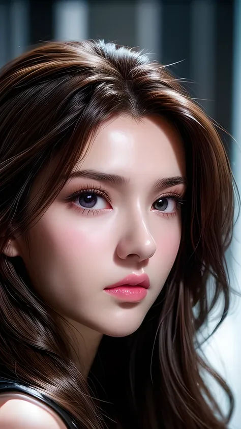 A photo of a 25 year old European girl posing, born, beautiful woman, ( extra long wavy brown hair ), ((portrait)), ((Familiar Face:1.2)), ((familiar facial features)), (finely familiar skin), White Skin, ( White Skirt ), Cyberpunk urban environment , (...