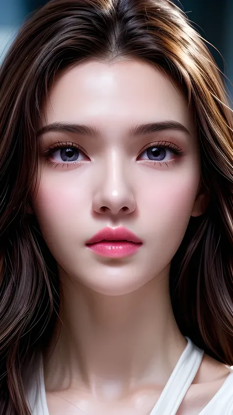 A photo of a 25 year old European girl posing, born, beautiful woman, ( extra long wavy brown hair ), ((portrait)), ((Familiar Face:1.2)), ((familiar facial features)), (finely familiar skin), White Skin, ( White Skirt ), Cyberpunk urban environment , (...
