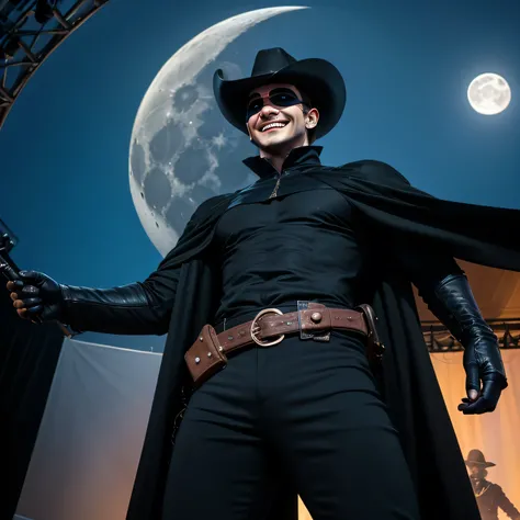 Age 27、handsome guy ,  1 Man,Zorro Outfit 。 short hair short hair 、On stage、Moon Footage 、A manly provocation　  Black Western Hat　 black eyepatch 　 as seen from below。　 upper body up 　 Menacing look　　 black slim pants　 black cloaks　Grin