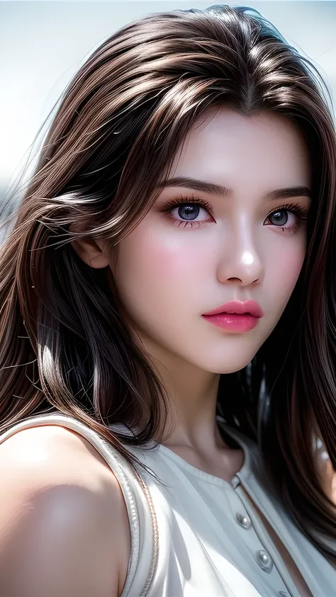A photo of a 25 year old European girl posing, born, beautiful woman, ( extra long wavy brown hair ), ((portrait)), ((Familiar Face:1.2)), ((familiar facial features)), (finely familiar skin), White Skin, ( White Skirt ), Cyberpunk urban environment , (...