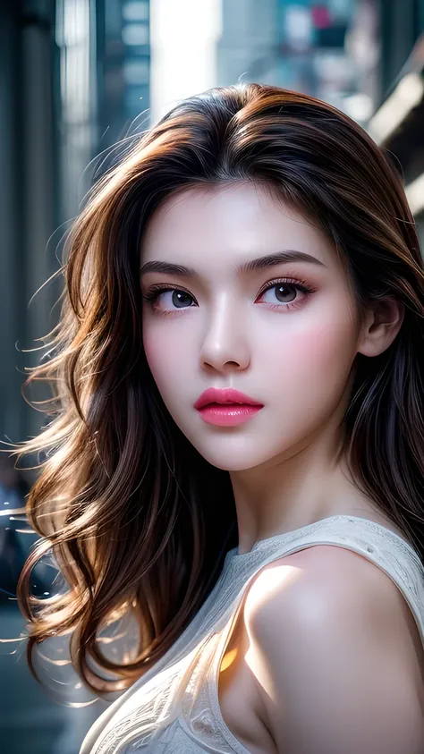 A photo of a 25 year old European girl posing, born, beautiful woman, ( extra long wavy brown hair ), ((portrait)), ((Familiar Face:1.2)), ((familiar facial features)), (finely familiar skin), White Skin, ( White Skirt ), Cyberpunk urban environment , (...