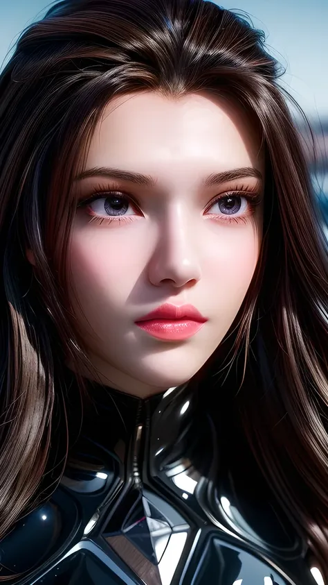 A photo of a 25 year old European girl posing, born, beautiful woman, ( extra long wavy brown hair ), ((portrait)), ((Familiar Face:1.2)), ((familiar facial features)), (finely familiar skin), White Skin, ( White Skirt ), Cyberpunk urban environment , (...