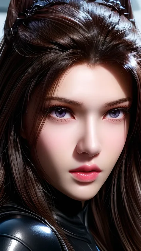 A photo of a 25 year old European girl posing, born, beautiful woman, ( extra long wavy brown hair ), ((portrait)), ((Familiar Face:1.2)), ((familiar facial features)), (finely familiar skin), White Skin, ( White Skirt ), Cyberpunk urban environment , (...
