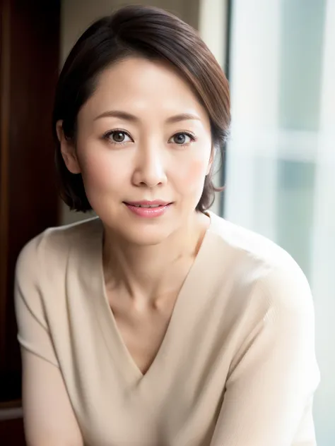 50s, Japanese woman, upper body from waist up, large breasts, mature beauty, detailed face, soft skin with subtle wrinkles, natural makeup, realistic lighting, photorealistic, elegant expression, subtle smile, studio background, smooth textures, detailed c...