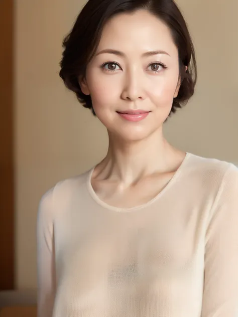 50s, Japanese woman, upper body from waist up, large breasts, mature beauty, detailed face, soft skin with subtle wrinkles, natural makeup, realistic lighting, photorealistic, elegant expression, subtle smile, studio background, smooth textures, detailed c...