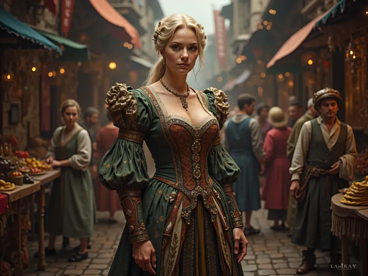 
mature woman , pale skin, big sharp  cone breasts, wear rich, medieval 15. century aristocrat clothes,   crowded medieval marketplace background