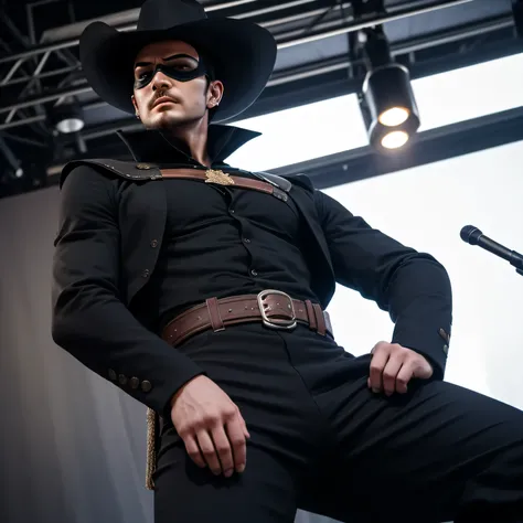 Age 27、handsome guy ,  1 Man,Zorro Outfit 。 short hair short hair 、On stage、Moon Footage 、A manly provocation　  Black Western Hat　 black eyepatch 　 as seen from below。　 upper body up 　 Menacing look　　 black slim pants　 black cloaks　 sit with legs open 　