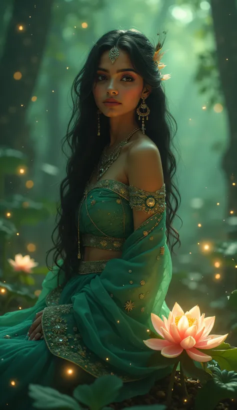 "A stunning ultra HD 8K anime-style digital painting of a mystical Indian princess, dressed in an elegant, shimmering emerald green saree adorned with intricate golden embroidery. She has long, flowing dark hair decorated with delicate silver jewelry and p...