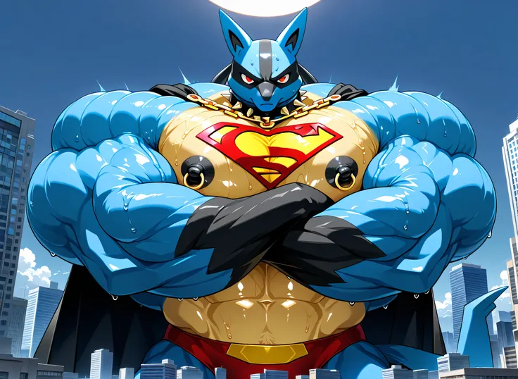 kemono, by null-ghost, by zixiong, solo, male, tail, Lucario, anthro, black nipples, big nipples, gold nipple rings, sweaty, handsome, broad shoulders, broad chest, huge muscular, posing, thick neck, thick arms, blue arms, pectorals crushing city, bedroom ...