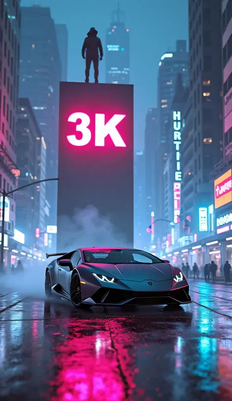 A futuristic city at night, with skyscrapers lit by neon signs in shades of blue and pink. In the center of the scene is a giant block with the number '3K' glowing in pink and blue neon. At the top of the block, a hooded figure observes the city. In the fo...