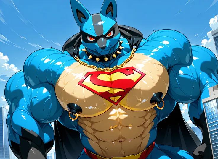 kemono, by null-ghost, by zixiong, solo, male, tail, Lucario, anthro, black nipples, big nipples, gold nipple rings, sweaty, handsome, broad shoulders, broad chest, huge muscular, posing, thick neck, thick arms, blue arms, pectorals crushing city, bedroom ...