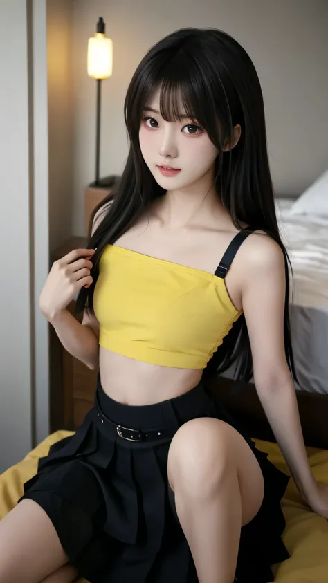 Close up of a woman wearing a yellow top and a black skirt,  Japanese model, bewitching anime girls, realistic young gravure idol wearing a Japanese girls' high school uniform,  A young and cute girl, beautiful   asian girl , gorgeous Chinese model,   asia...