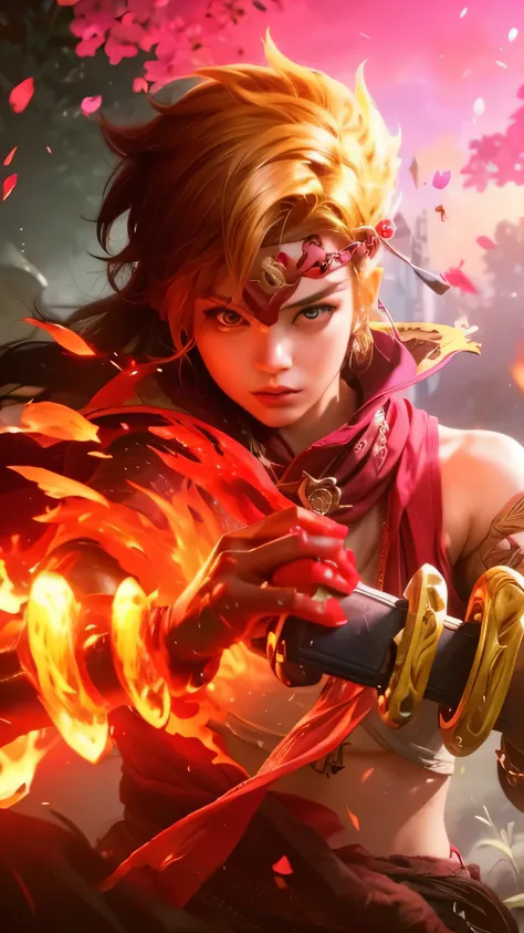 a close up of a person holding a sword in a field, concept art by Luis Miranda, trending on Artstation, conceptual art, appears as the fire goddess, artgerm and ben lo, extremely detailed artgerm, sun wukong, from league of legends, artgerm detailed, artge...