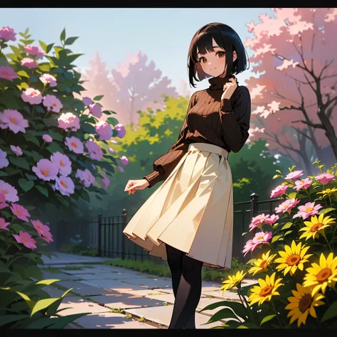 (high quality, high resolution, Very detailed, reality:1.37), Peaceful atmosphere, (Outdoors, garden),  teenage girl standing alone,(My breasts are small.), Beautiful details,  cute smile, ( black haired bob),Ribbed sweater, brown skirt ,  black tights,sne...