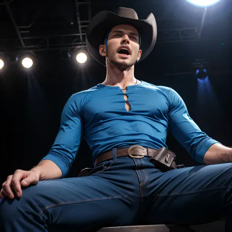 Age 27、handsome guy ,  1 man,blue Zoro costume。blue long sleeve t-shirt、 short hair short hair 、On stage、Moon Footage 、A manly provocation　 blue western hat　blue eyepatch　 as seen from below。　 upper body up 　 blue cotton pants　 is sitting　 guns　 I'm scream...