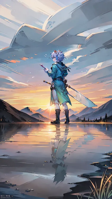 flying with a sword alone（standing on a sword），forming a beautiful picture of the mountains and the sun，beautiful sunset，Wild Geese Flying South，the sky needs to be rendered。don't add watermarks，with a fairy tale style 16：9 image ratio，flying with a sword ...