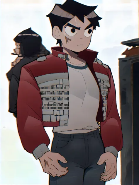 scottp, masterpiece, best quality, amazing quality, very aesthetic, absurdres, short hair, black hair, thick eyebrows, shirt, pants, black jeans, red and white letterman jacket, scar through eye, white background