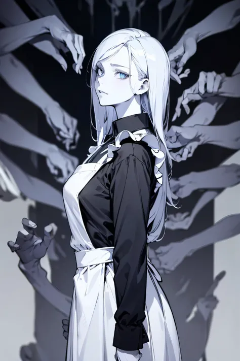 (best quality,4k,high resolution,masterpiece:1.2),with a monochrome touch, in a wasteland, a maid is standing, many hands is waiting for her order. from side view, detailed eyes,beautiful detailed lips,extremely detailed blue eyes and face, long silver hai...