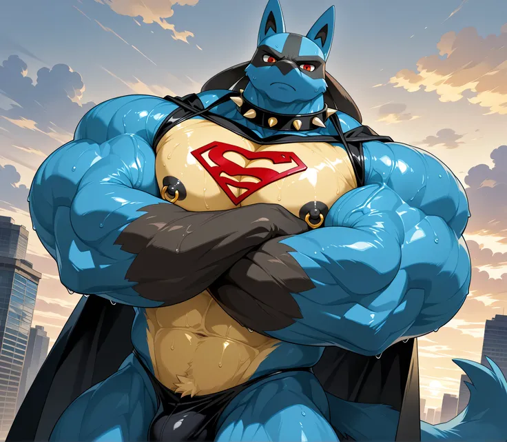 kemono, by null-ghost, by zixiong, solo, male, tail, Lucario, anthro, black nipples, big nipples, gold nipple rings, sweaty, handsome, broad shoulders, black thong, broad chest, huge muscular, posing, thick neck, thick arms, looking at viewer, scowling, cr...