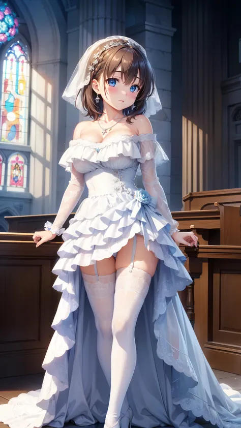 1girl, natural lighting, masterpiece, highly detailed, illustration, game CG, absurdres, high quality, aichan, large breasts, blue eyes, beautiful detailed eyes, short brown hair, side braid, church, layered strapless wedding dress, off the shoulder, neckl...