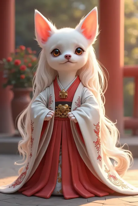 Long Coat Chihuahua、Personification、Short height and minimalist looks、She has long hair and her color is white with a slight pink tint.、Dressed as a shrine maiden、The chest is plump and large