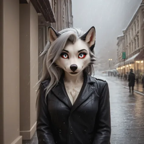 masterpiece, high quality, illustration, {beautiful detail girl}, beautiful glow in the details, beauty in dressing up, (Black jacket and trench coat), white eyes with red sclera, rainy street corner, rain, detailed lighting, detailed water, (beautiful det...