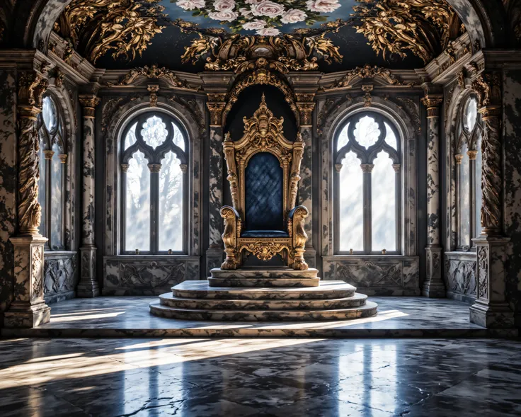 Cinematic photograpy, dramatic light, fantasy-medieval marble throne room, royal throne made of obsidian stone, polished marble floor, ceiling fresco of silver and gold roses, Masterpiece, Accurate, Award Winning, High Resolution, Best Quality, Detail, Hig...